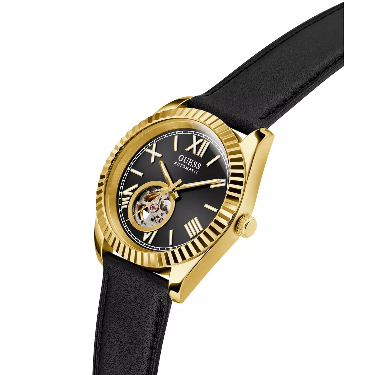 GUESS CONNOISSEUR Mens Black Gold Tone Automatic Watch Black Genuine Leather Brushed/Polished Strap 1