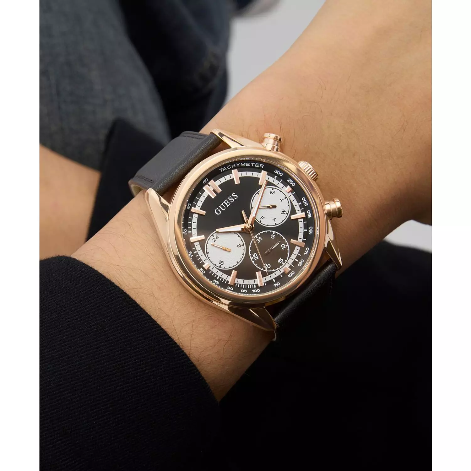 GUESS DAWSON Mens Black Rose Gold Tone Multi-function Watch Black Genuine Leather Smooth Strap 5