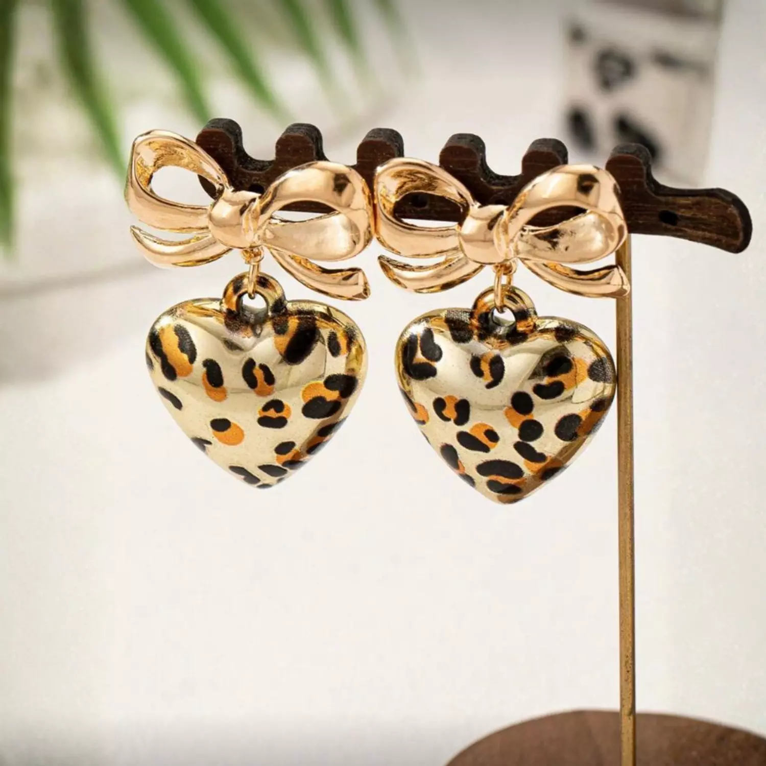 Leopard Bow & Heart Pendant Earrings 2