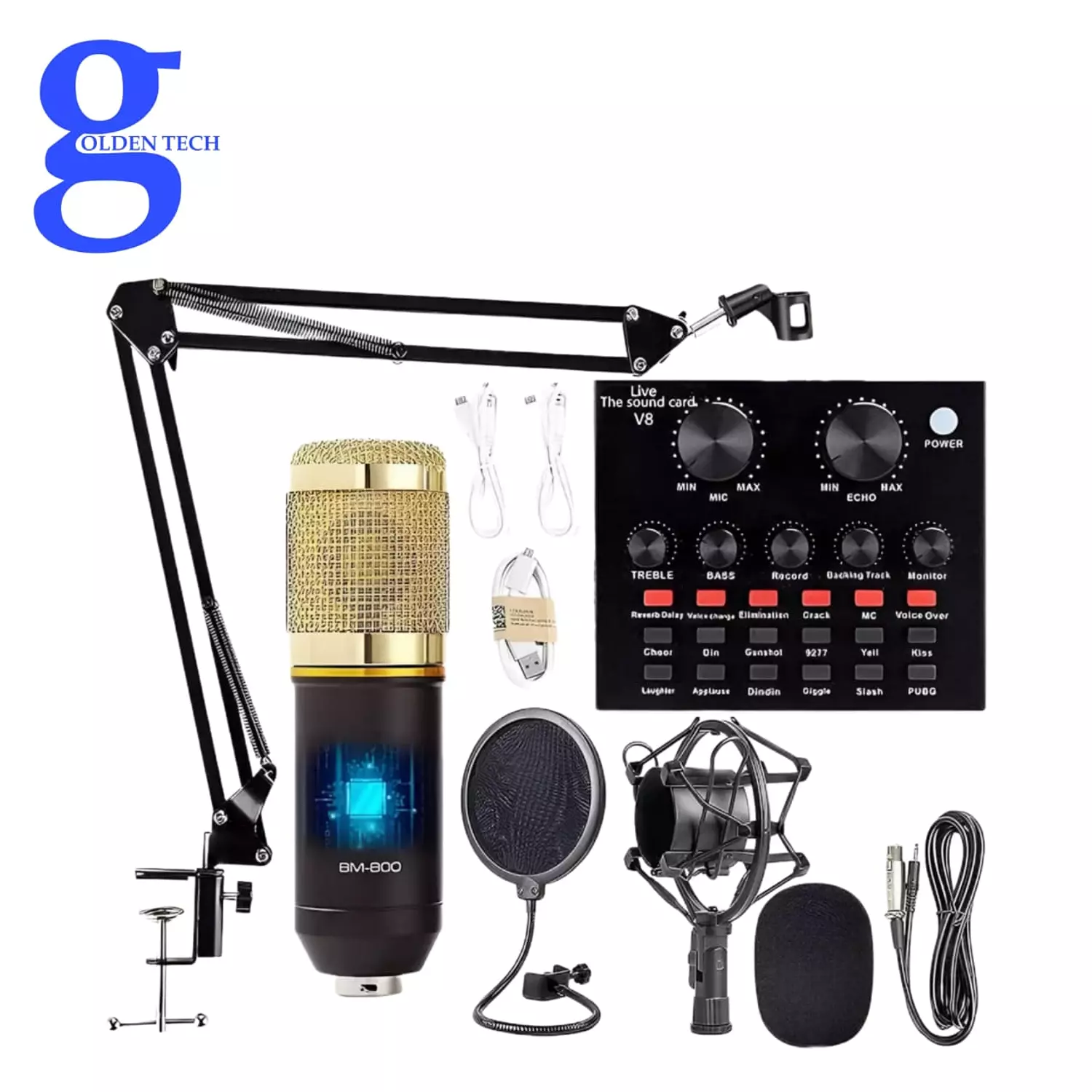 مجموعة ميكروفون مكثف في 8، طقم مايك مع كارت صوت لايف BM-800، ذراع متقاطع للميكروفون قابل للتعديل، مثبت عازل للصدمات معدني وفلتر بوب مزدوج الطبقة لتسجيل الاستوديو والبث (ذهبي)