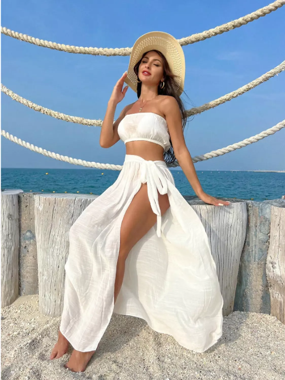 Swim  Summer Beach Apron Style Solid Color Cover Up Tube Top And Skirt Set  image