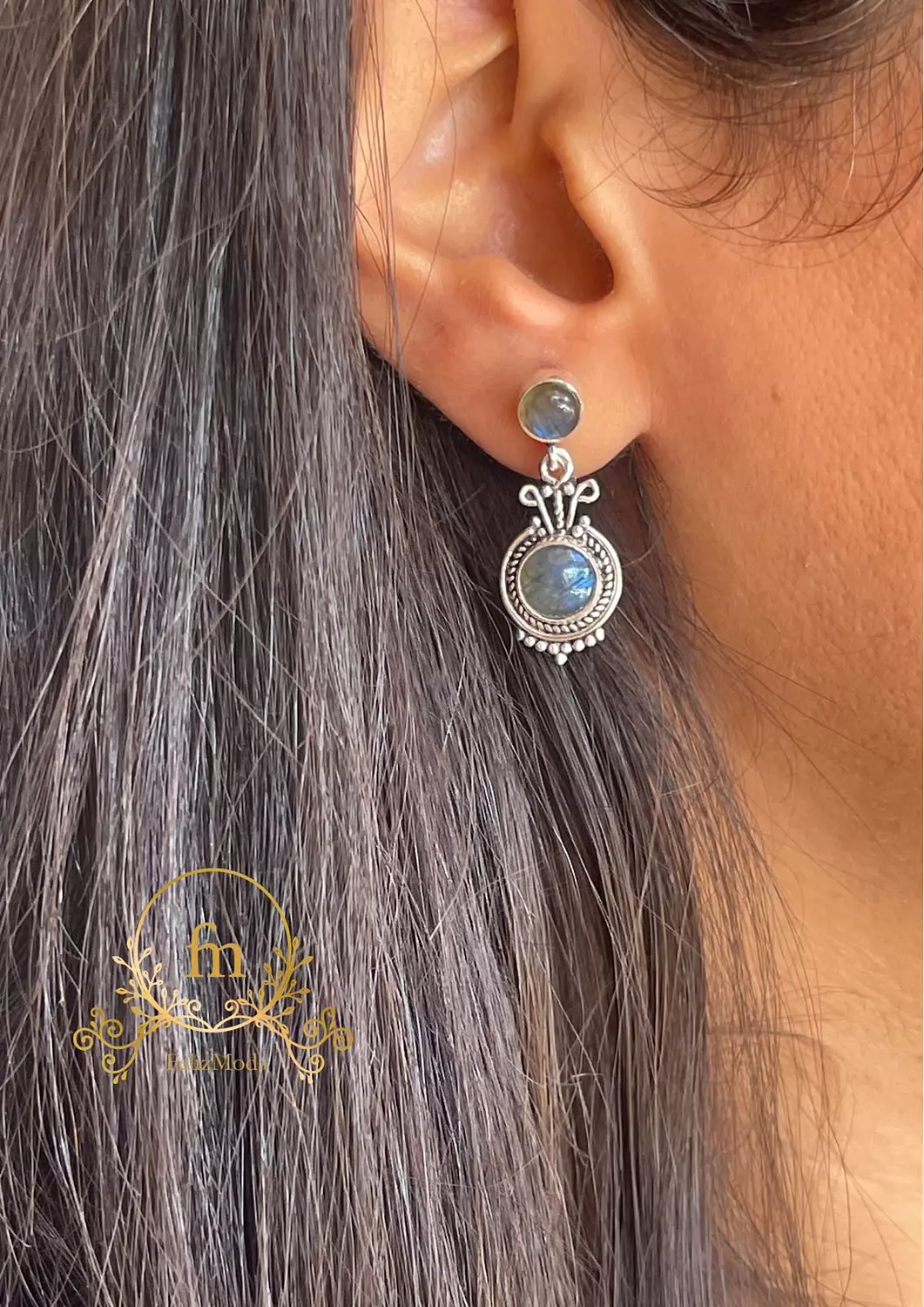 Two gray shades stone silver earrings image