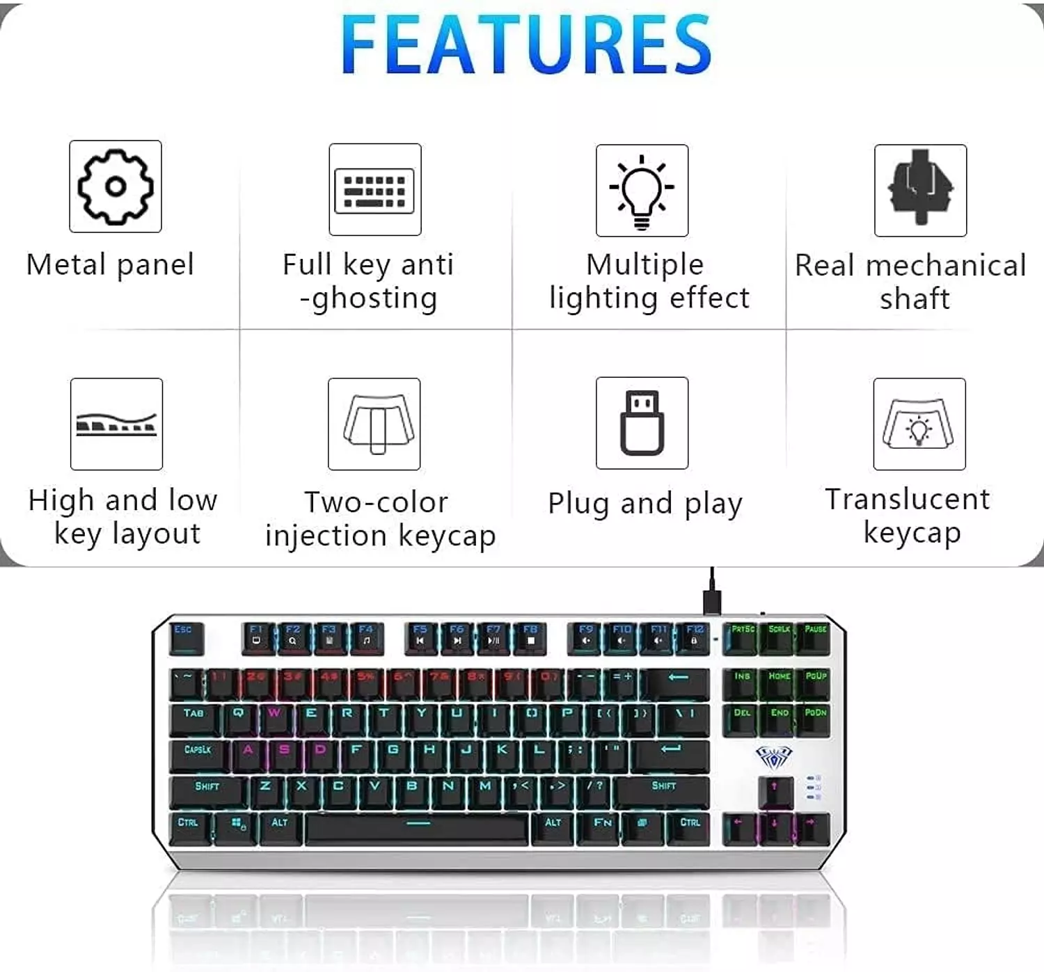 AULA Wind F3087 Mechanical Gaming Keyboard, 87 Keys, Stunning  Backlight, USB Connection, Compact Design 7