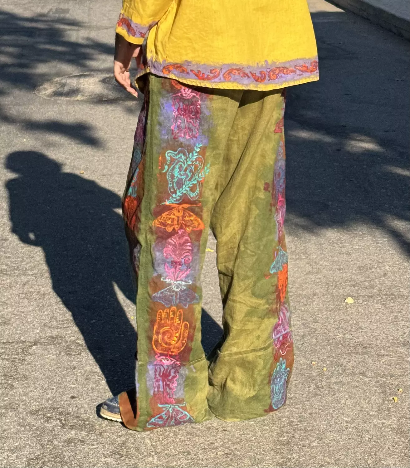 Hand -printed& painted olive linen pants  hover image