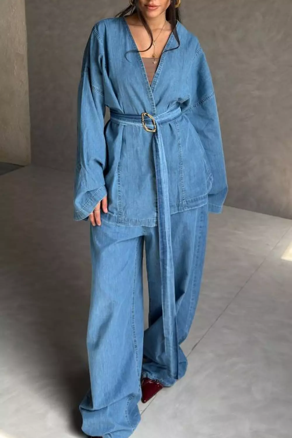 Summer Denim Kimono Set with Batwing Sleeves & Wide-Leg Pants 8