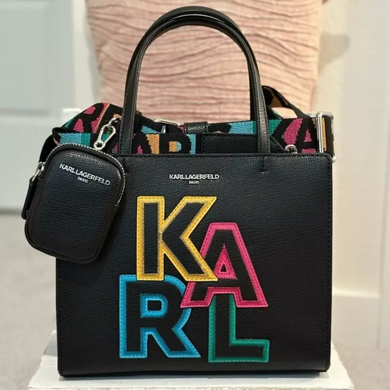 KARL LAGERFELD Paris K/Ikonik Rainbow Studded Tote – Black hover image