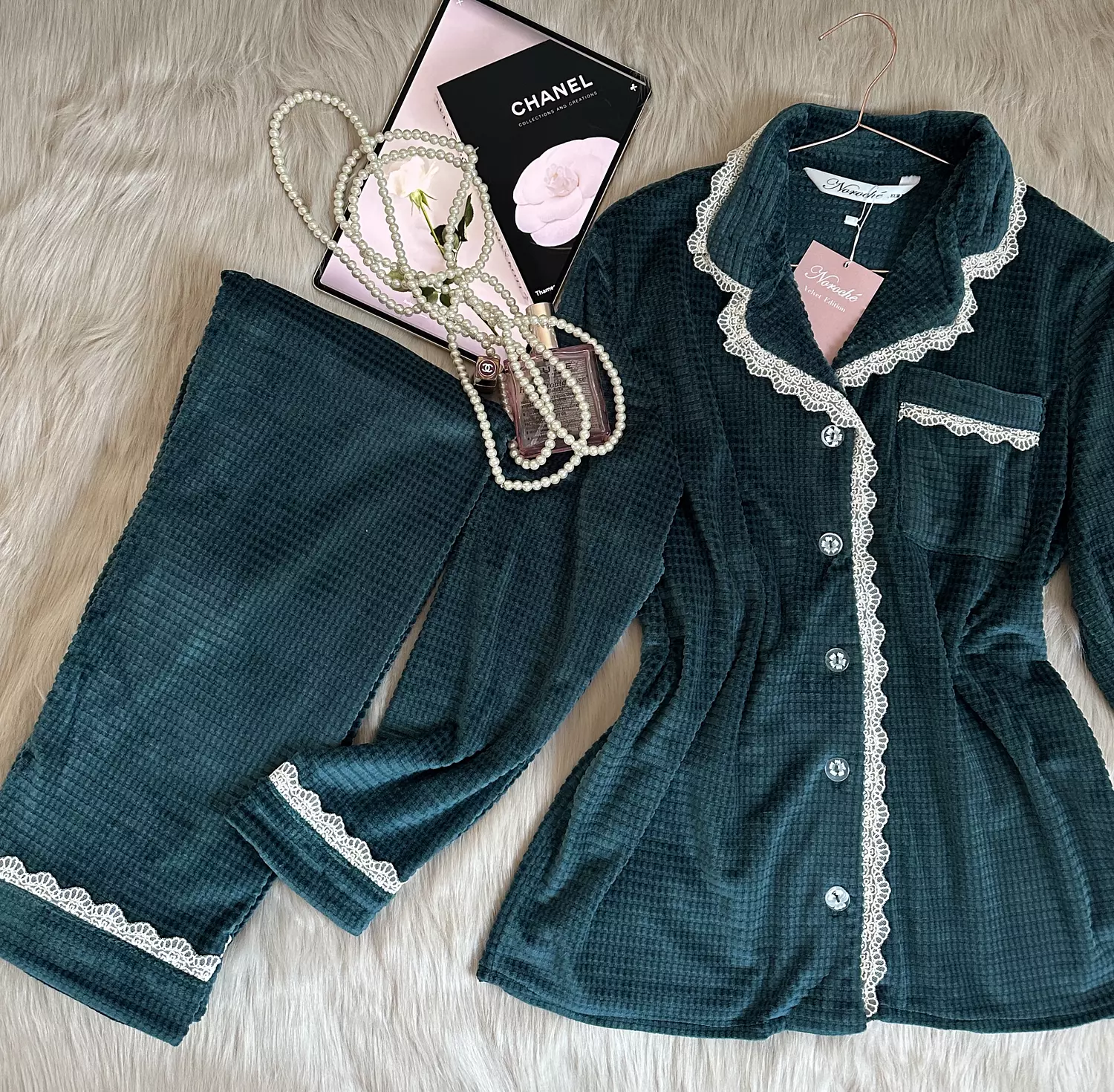 Velvet Teal Waffle Jacquard Pajamas 3