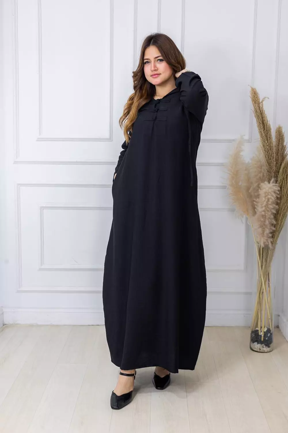 Hooded Linen Kaftan Dress - Black image