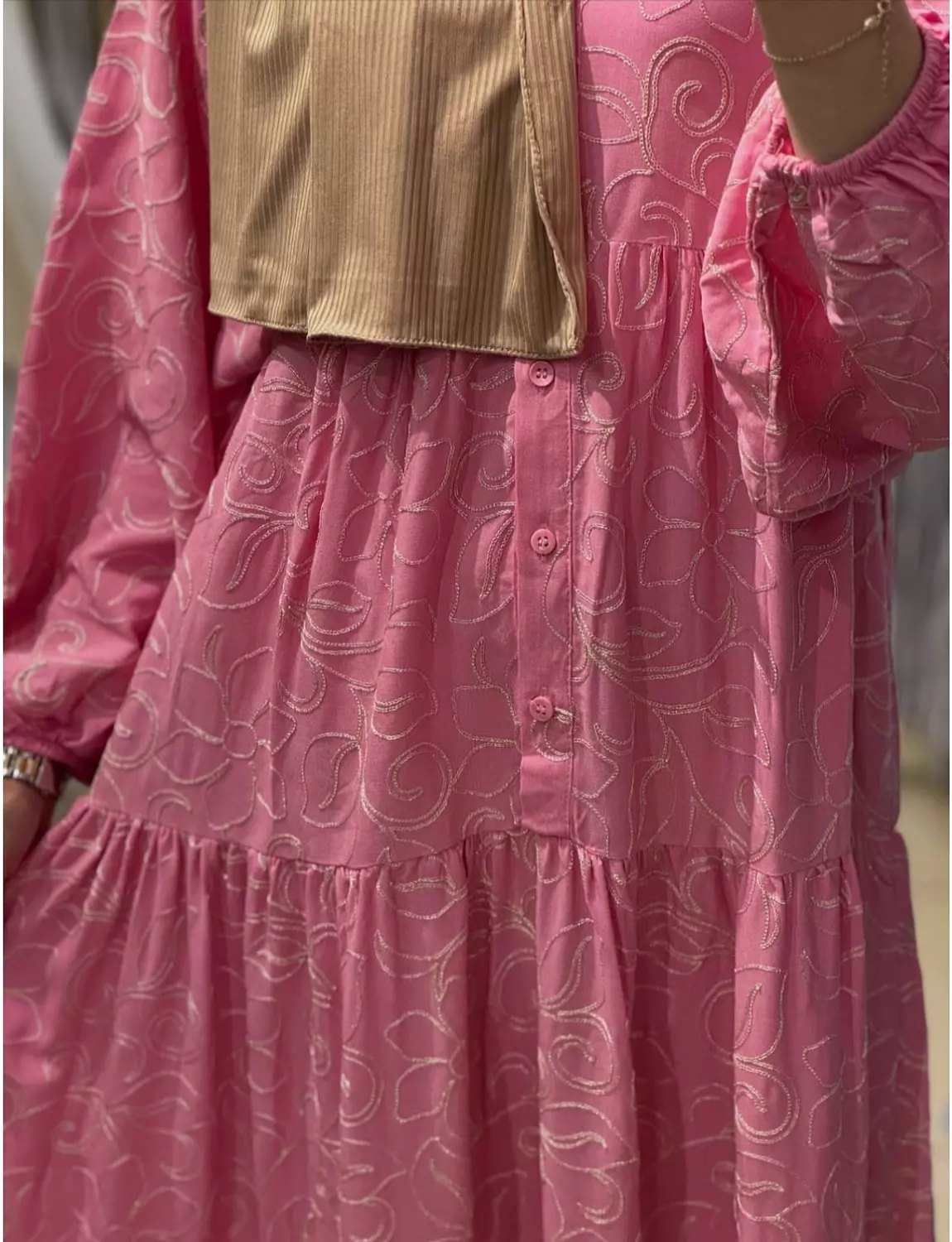 Barbie Pink Dress with Floral Gold Embroidery  hover image