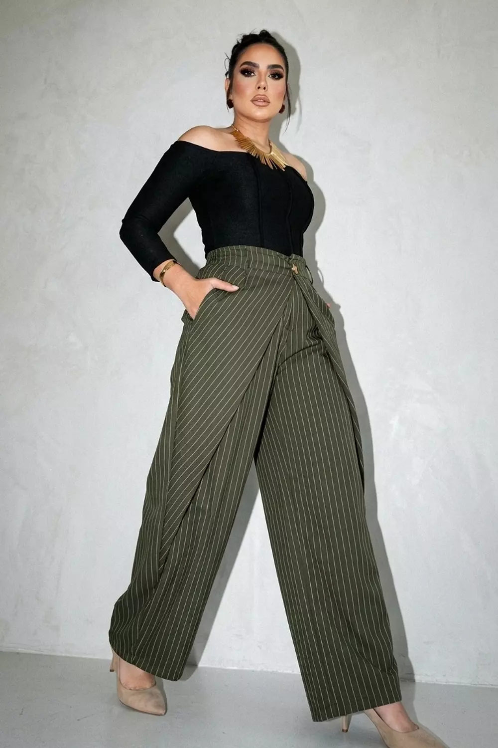 Pinstripe Extra Wide-Leg Trousers with Draped Front image