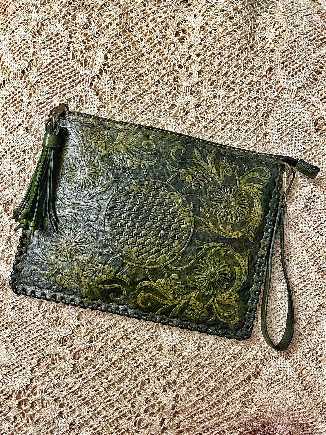 Floral basket tooled leather clutch 8
