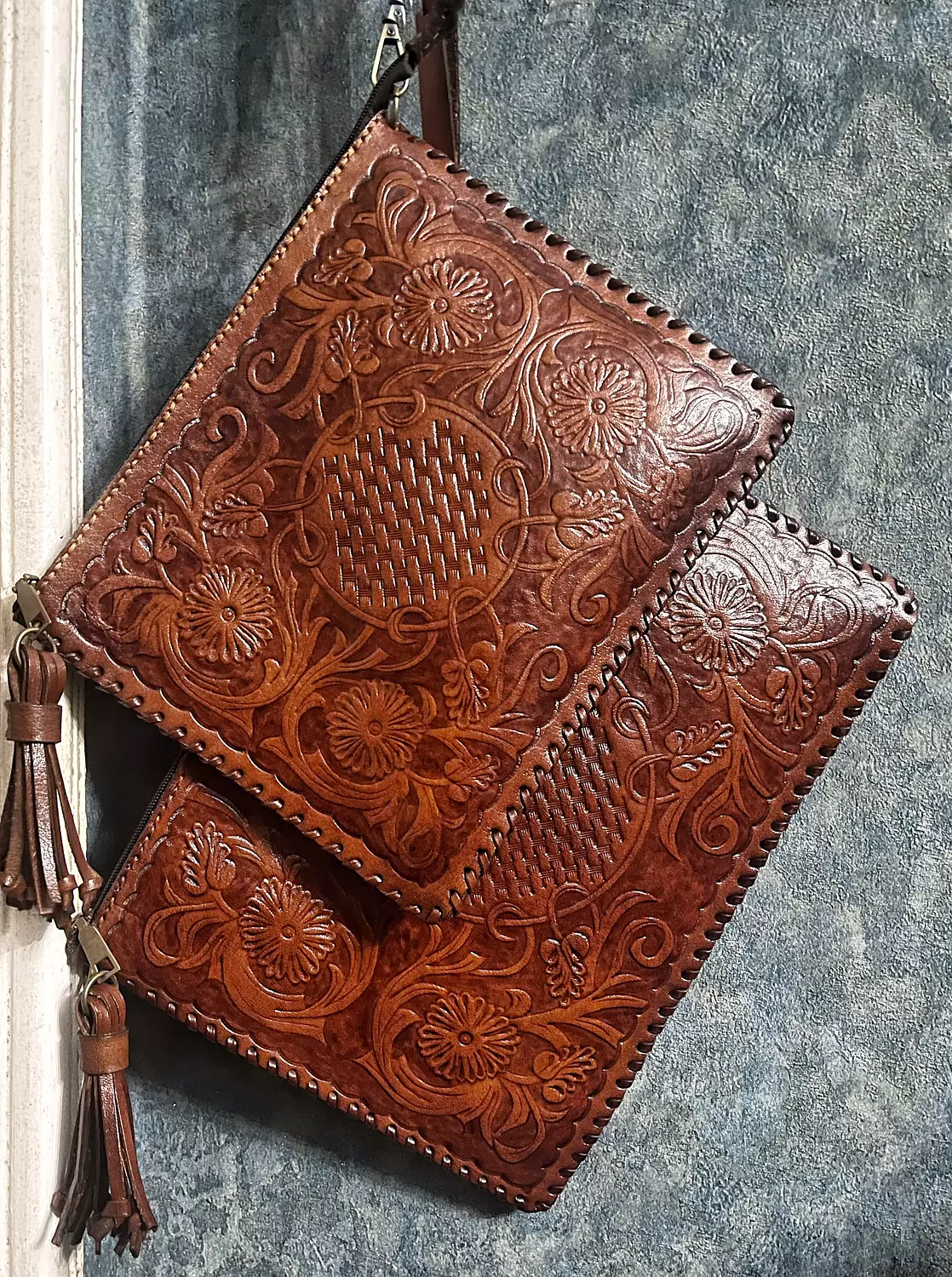 Floral basket tooled leather clutch 2