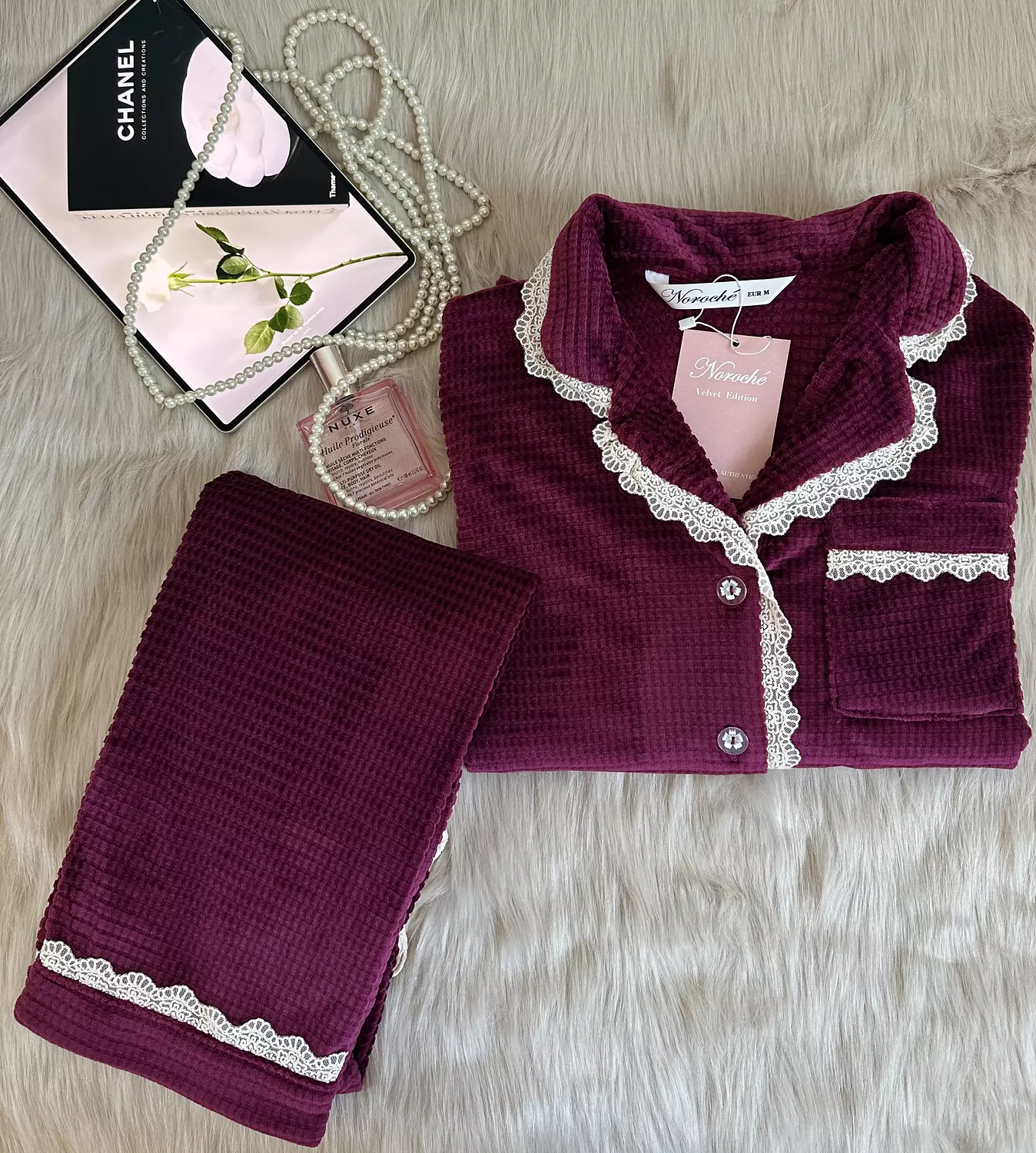 Velvet Burgundy Waffle Jacquard Pajamas 1