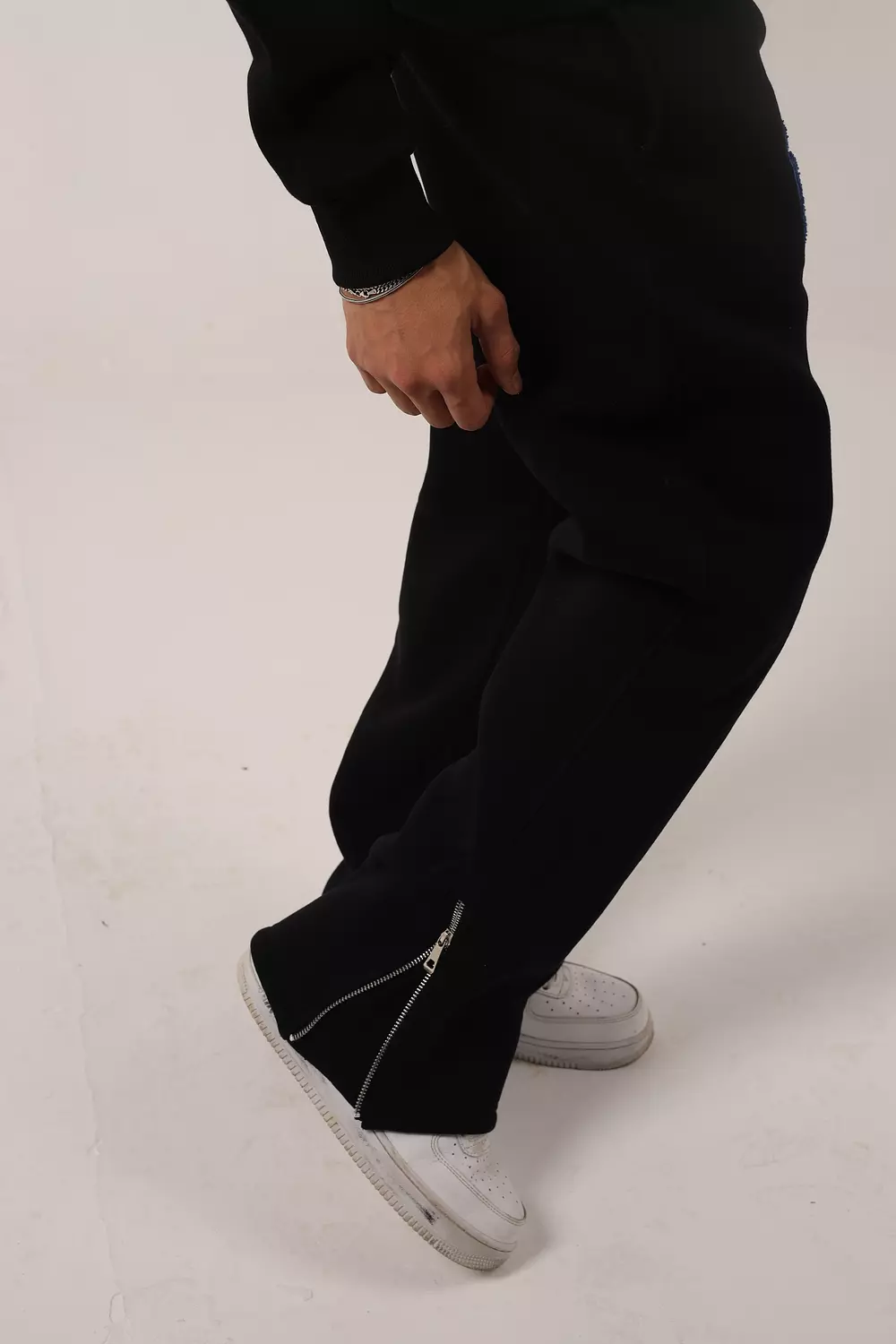 Black Blue Embroidery Sweatpants. hover image