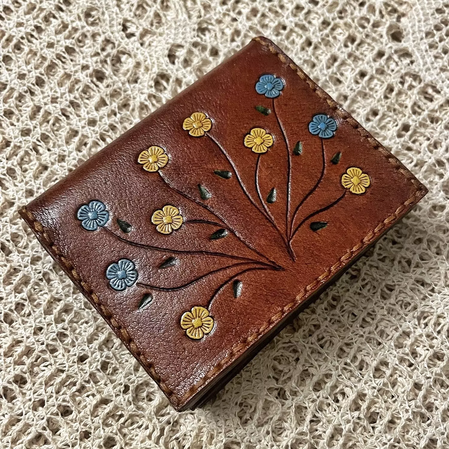 Hand painted yellow-blue flowers folded leather wallet  3