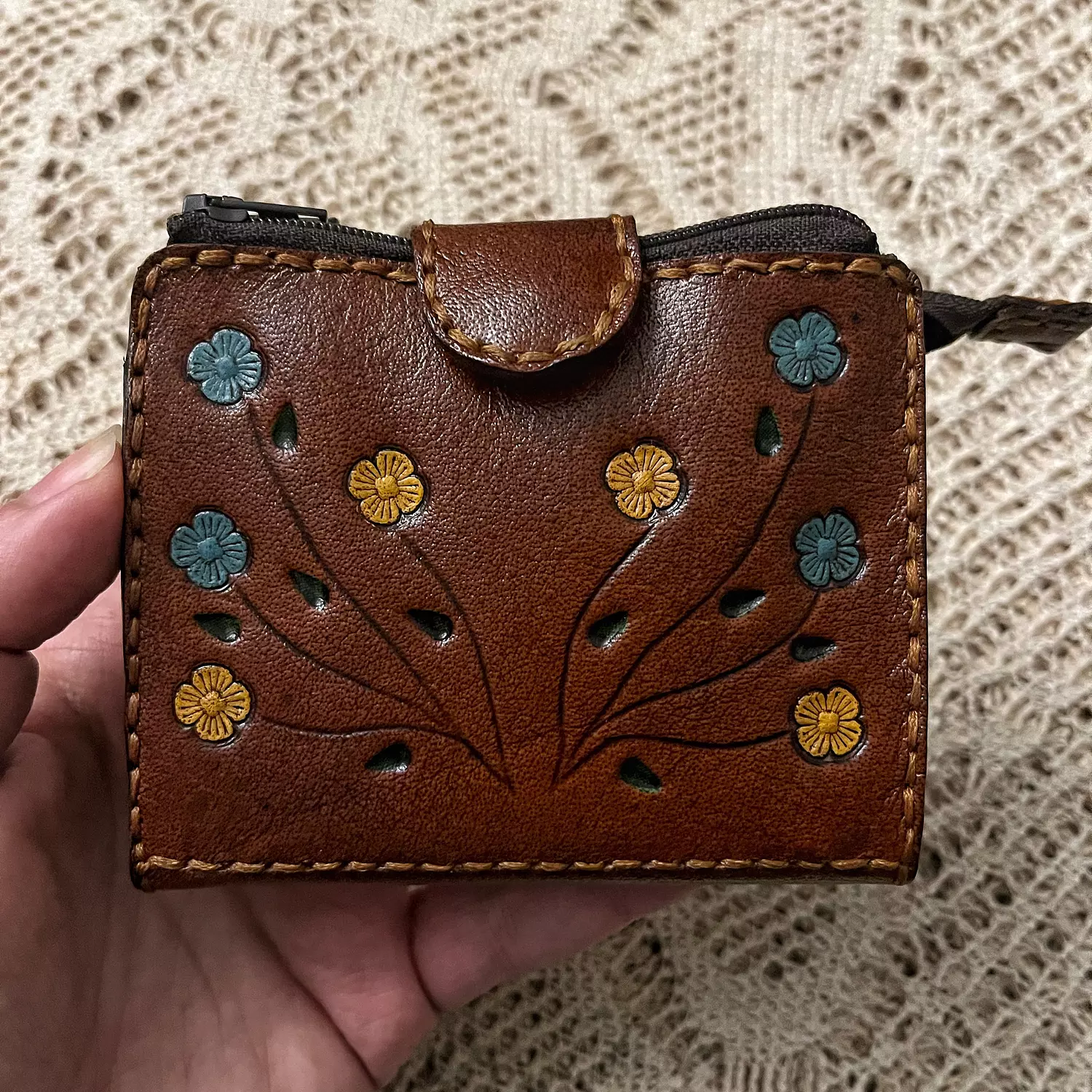 Hand painted yellow-blue flowers leather wallet-flap closure hover image