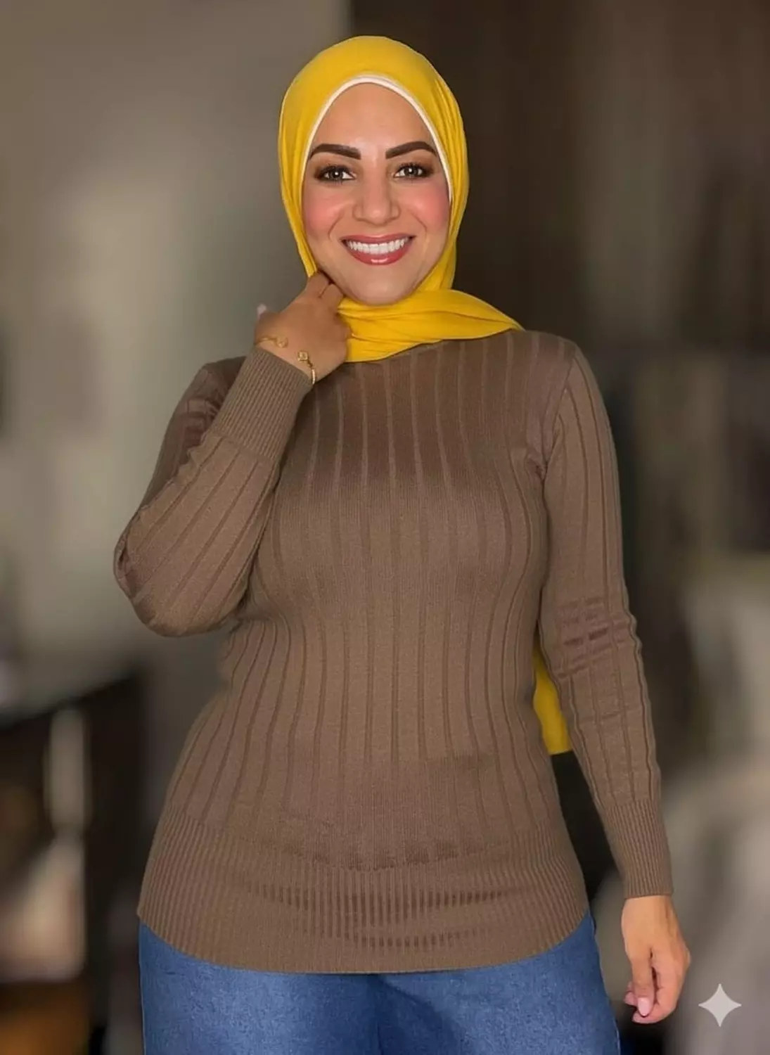 Knitted  Striped High-cool Pullover - Free Size - Light Brown image