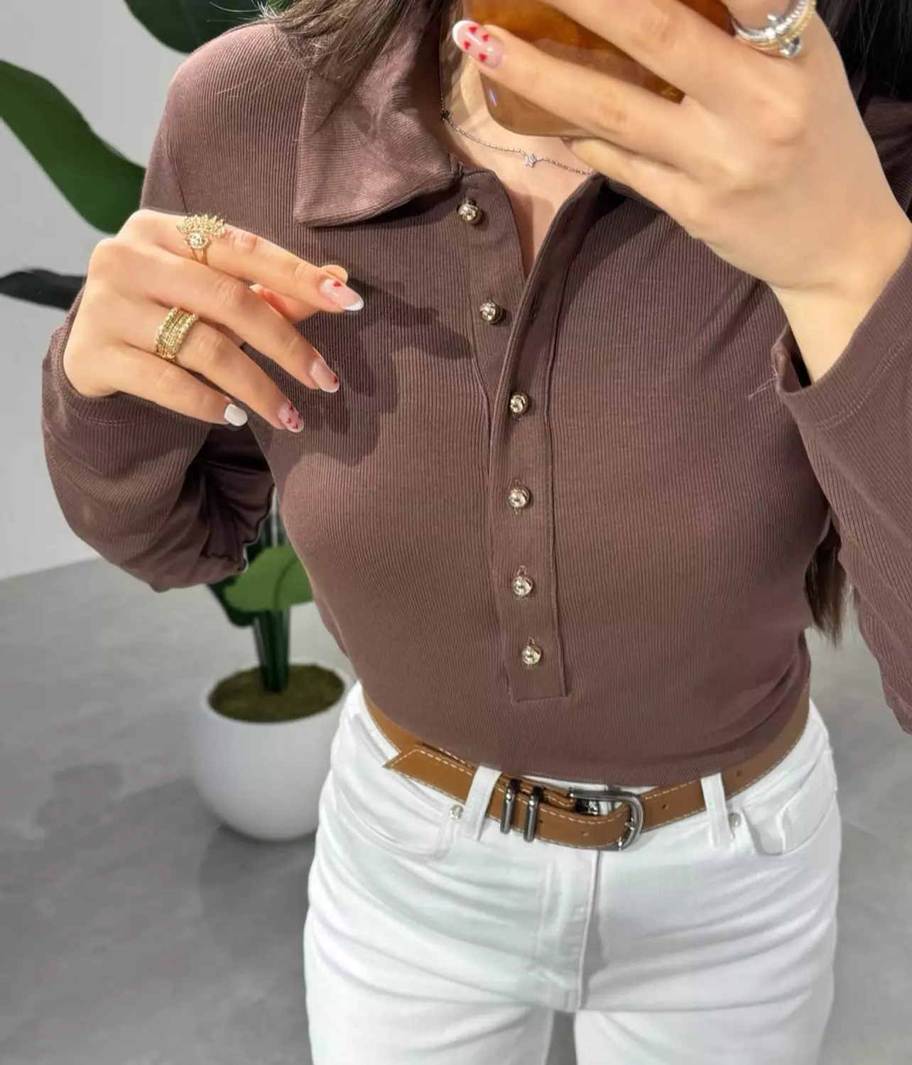 Brown Dilvin top with gold buttons  hover image