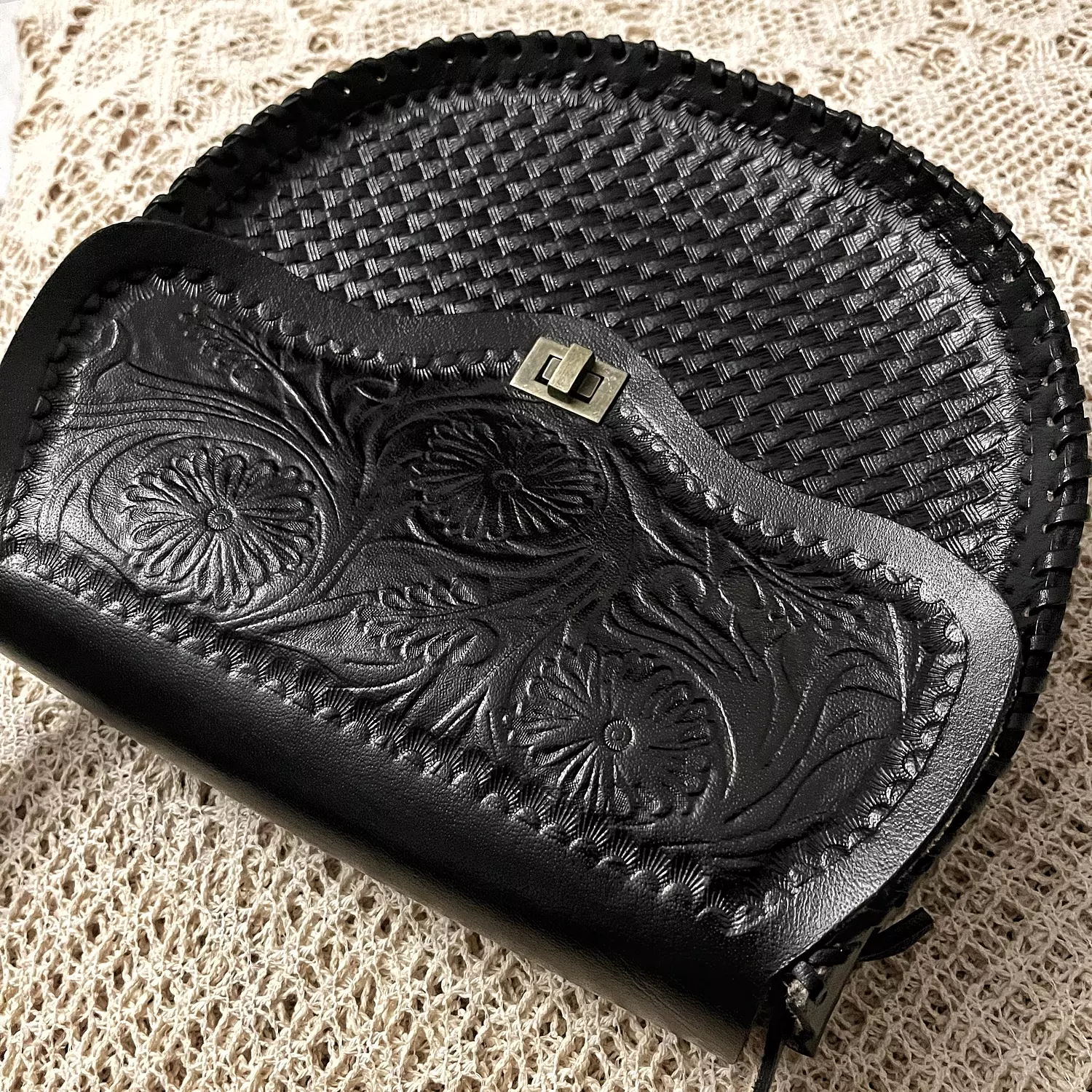Floral round basket bloom tooled leather bag 4