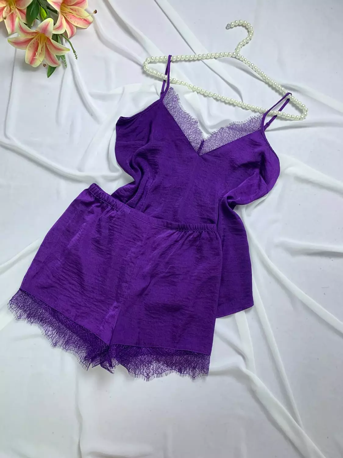 Silky satin pj set with mesh lace from Max hover image
