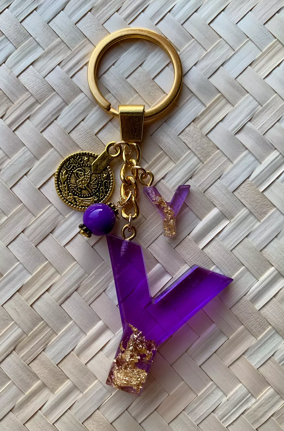 Resin Letters Keychain ( Purple & Gold ) "By Order" 18