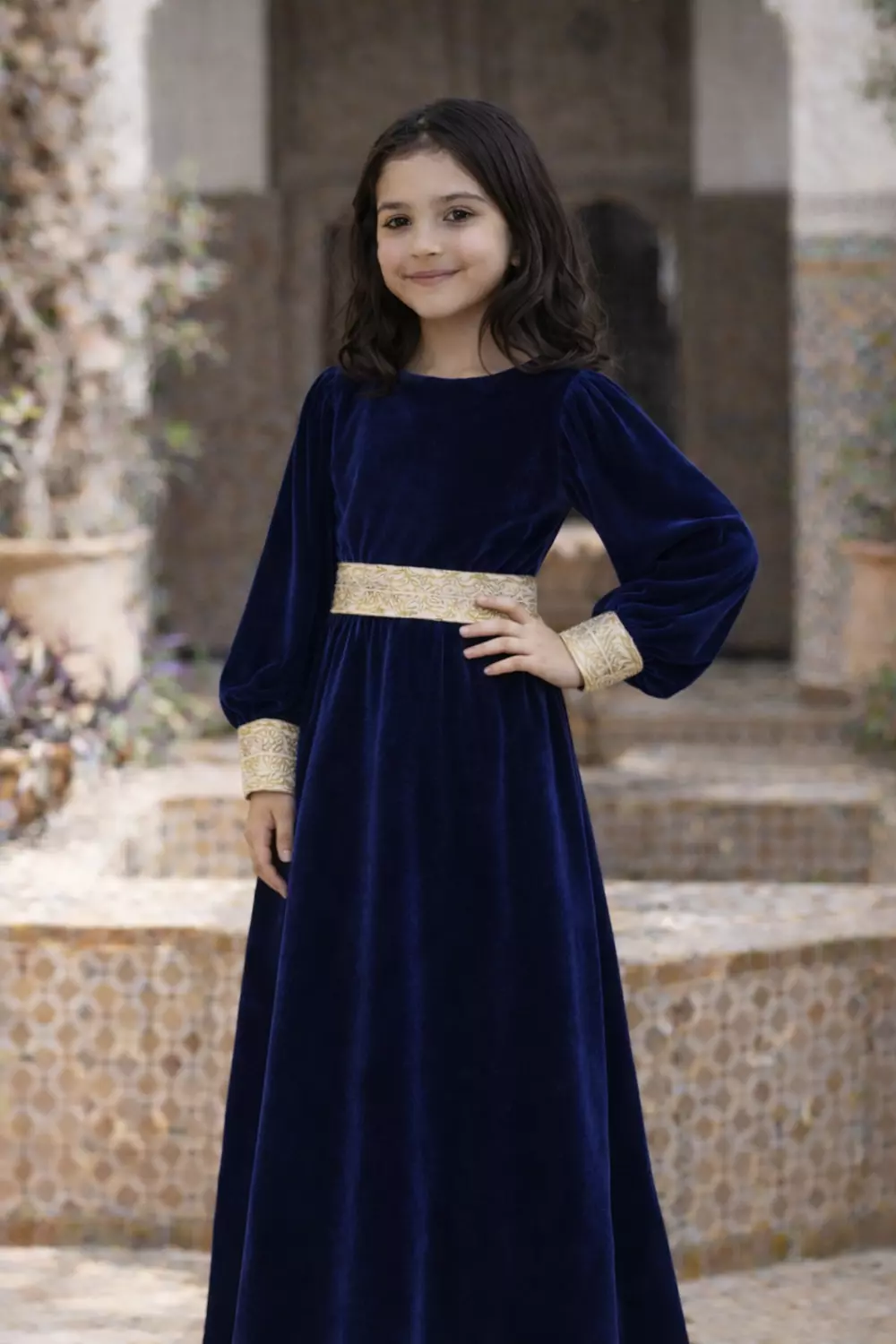 Girls Velvet Islamic Long Sleeve Dress with Separate Gold Belt, Maxi Dress, Available in Navy Blue, Black, and Red, Ages 3-14 Years 1