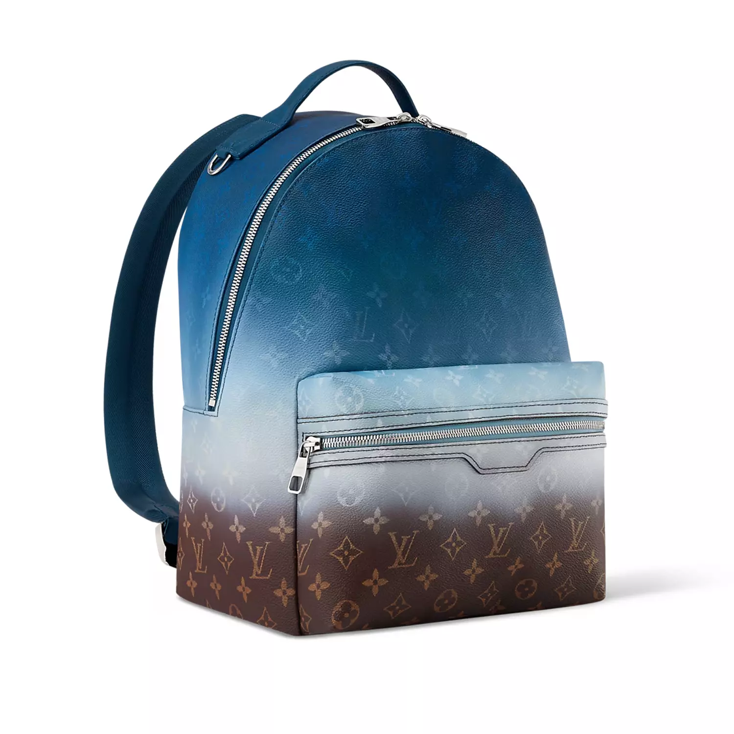 Louis Vuitton Discovery Backpack PM features a gradient monogram pigment coated canvas in blue 3