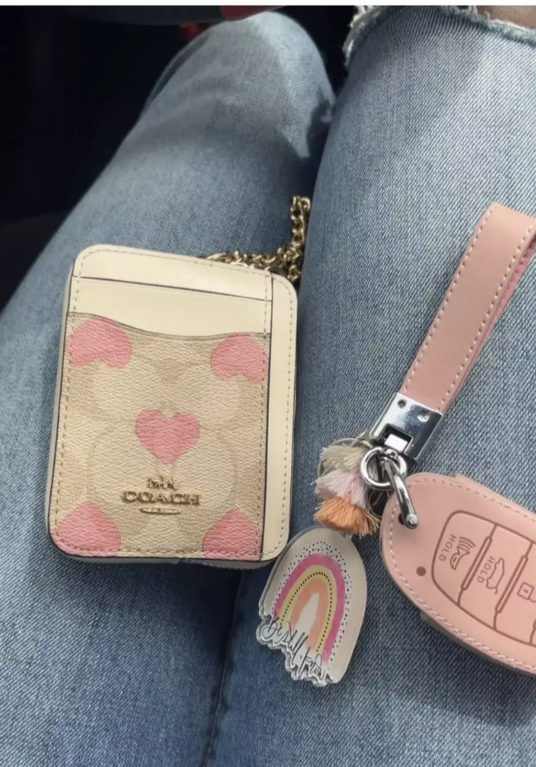 Coach Khaki Pink Heart Print Zip Card Case. hover image