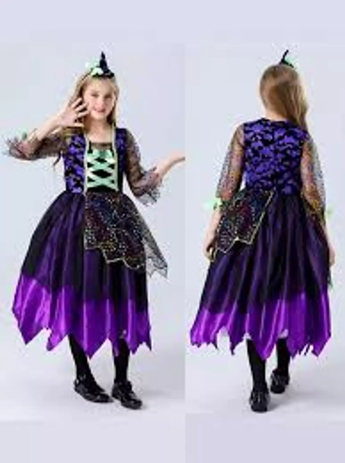 Girls Witch Halloween Costume with Hat, Purple & Black 3