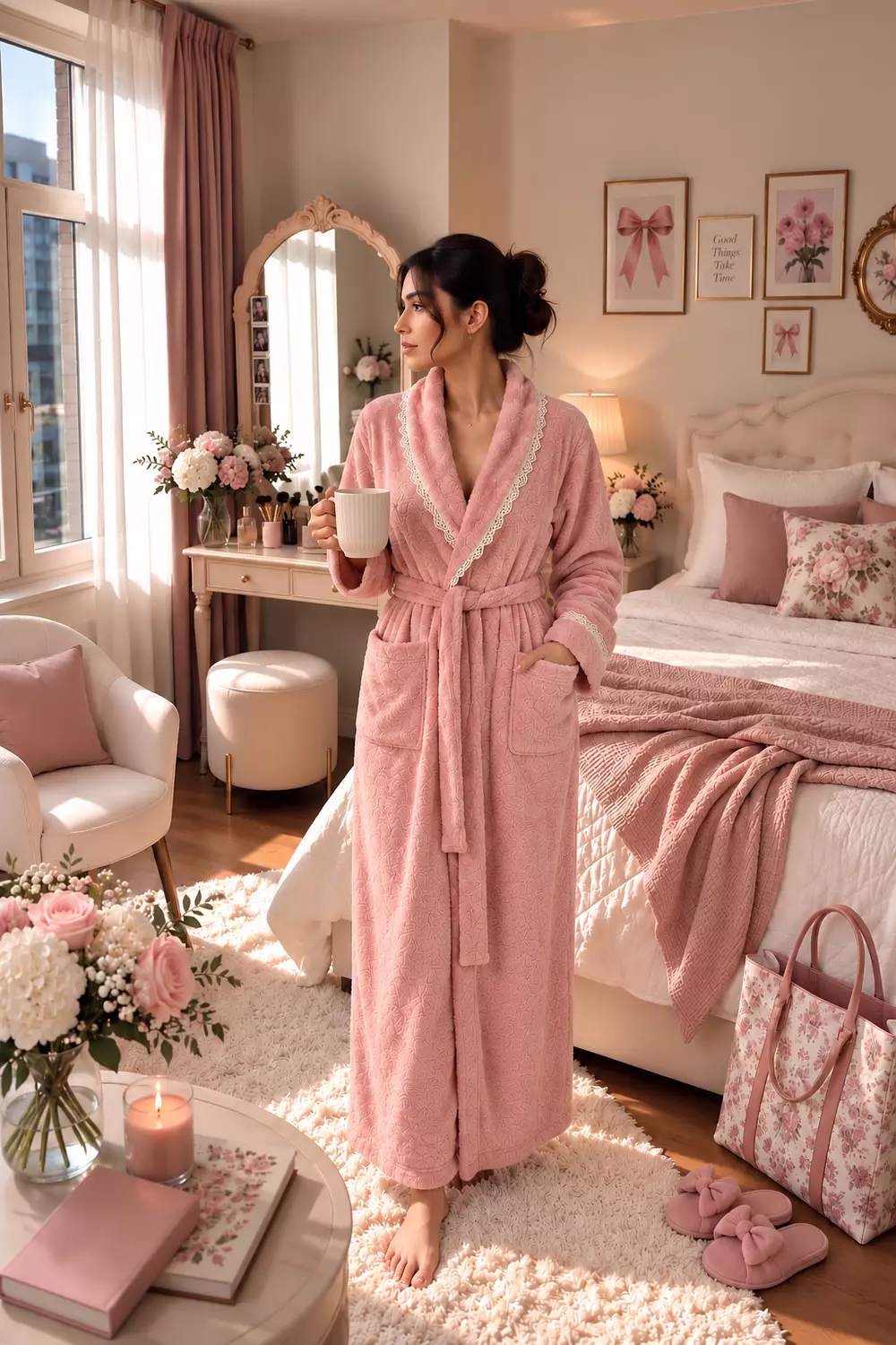  Flamingo Pink Lace Long Robe 1