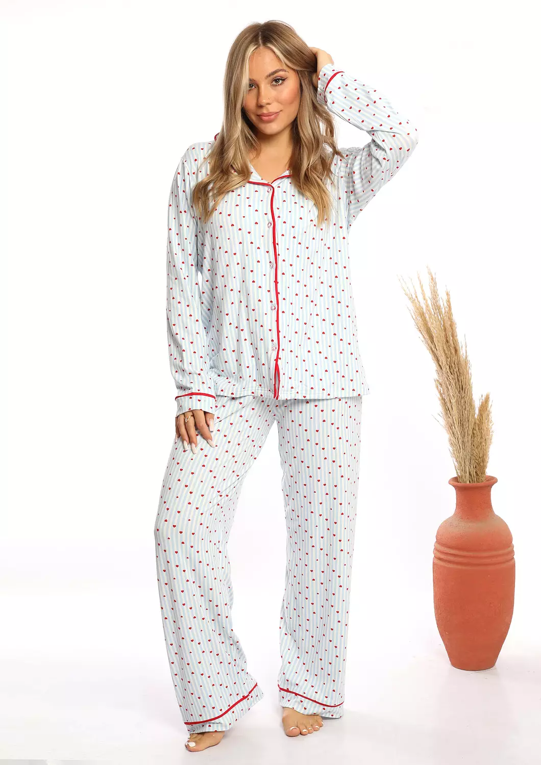 C334 PINK HEARTS LONG SLEEVES BUTTONED PAJAMA SET image