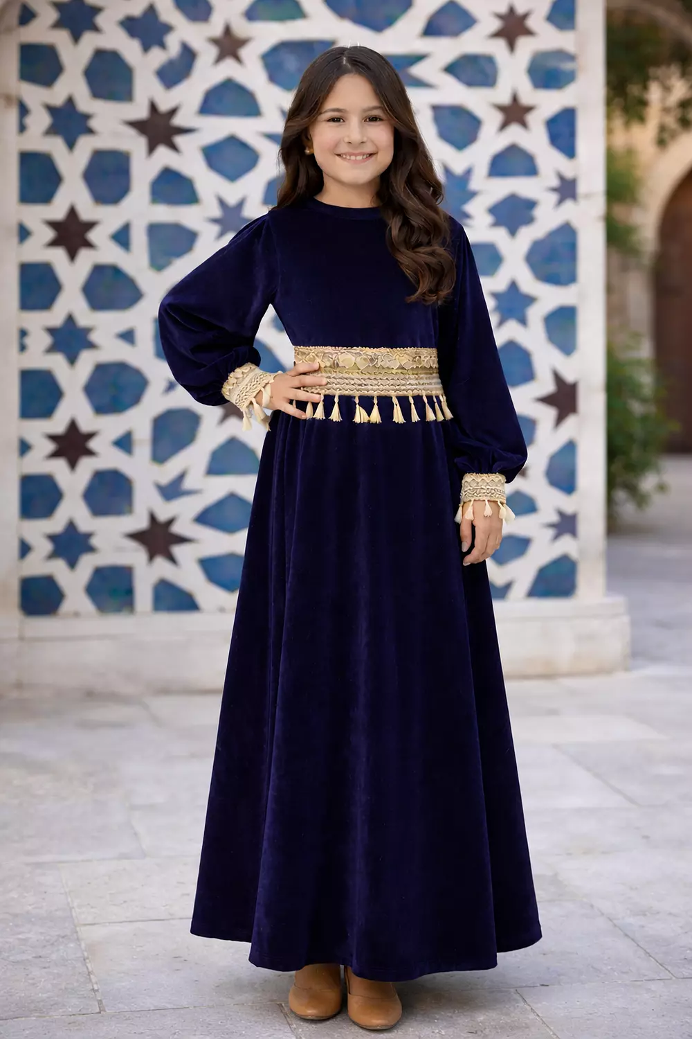 Girls Velvet Ramadan Dress with Separate Tassel Trim, Long Sleeve Islamic Abaya, Traditional Modest Maxi Dress for Kids 2