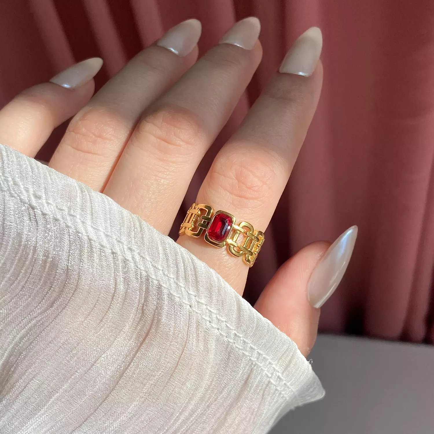 Red Stone Chain-Link stainless steel Ring❤️ 1