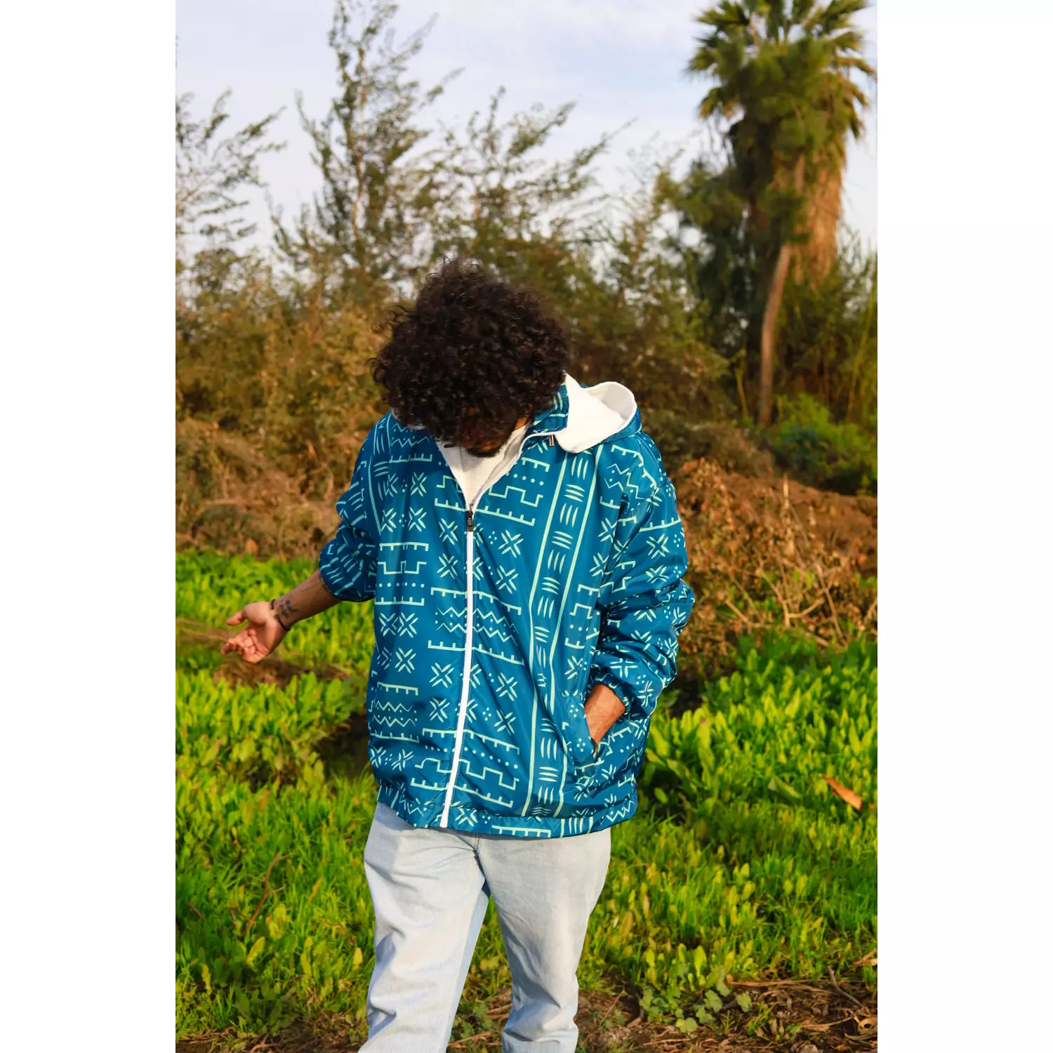 Hooded Blue Patterned Ethnic Bomber Jacket image