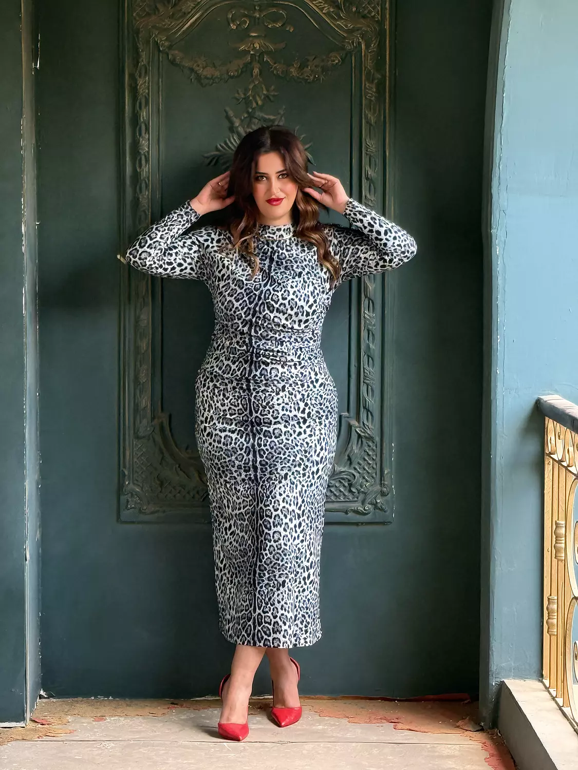 brown leopard drapping dress 2