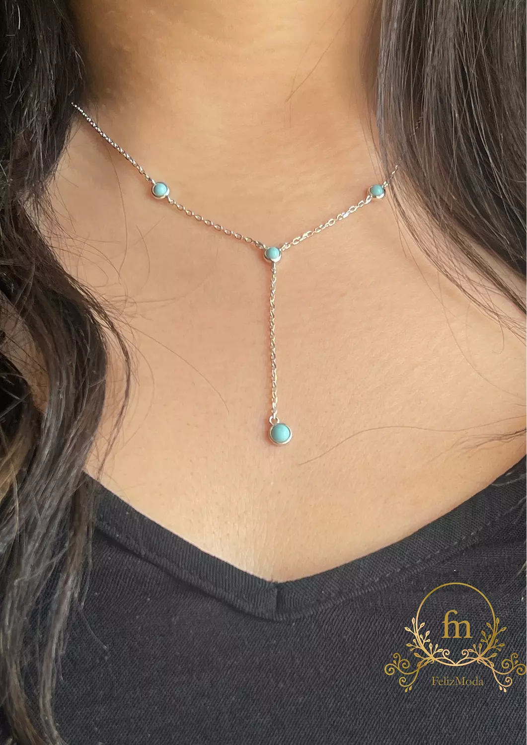 Multiple Fayrouz stones with dangling chain silver necklace  image