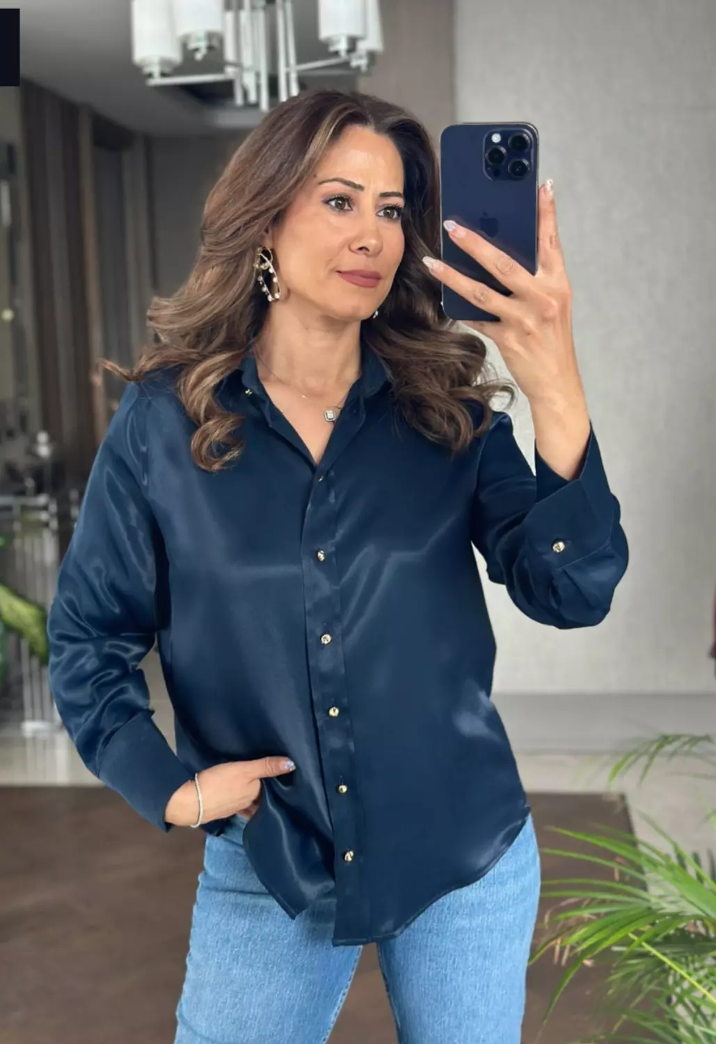 Navy Satin shirt with gold buttons  3