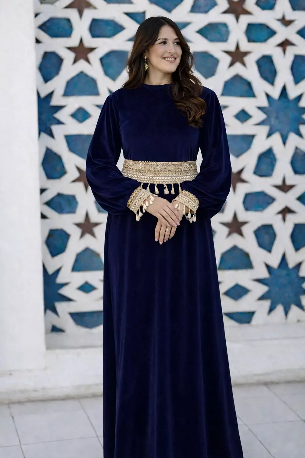 Velvet Maxi Ramadan Dress with Tassel separate Belt, Long Sleeve Modest Dress Mother Daughter Matching Set 1