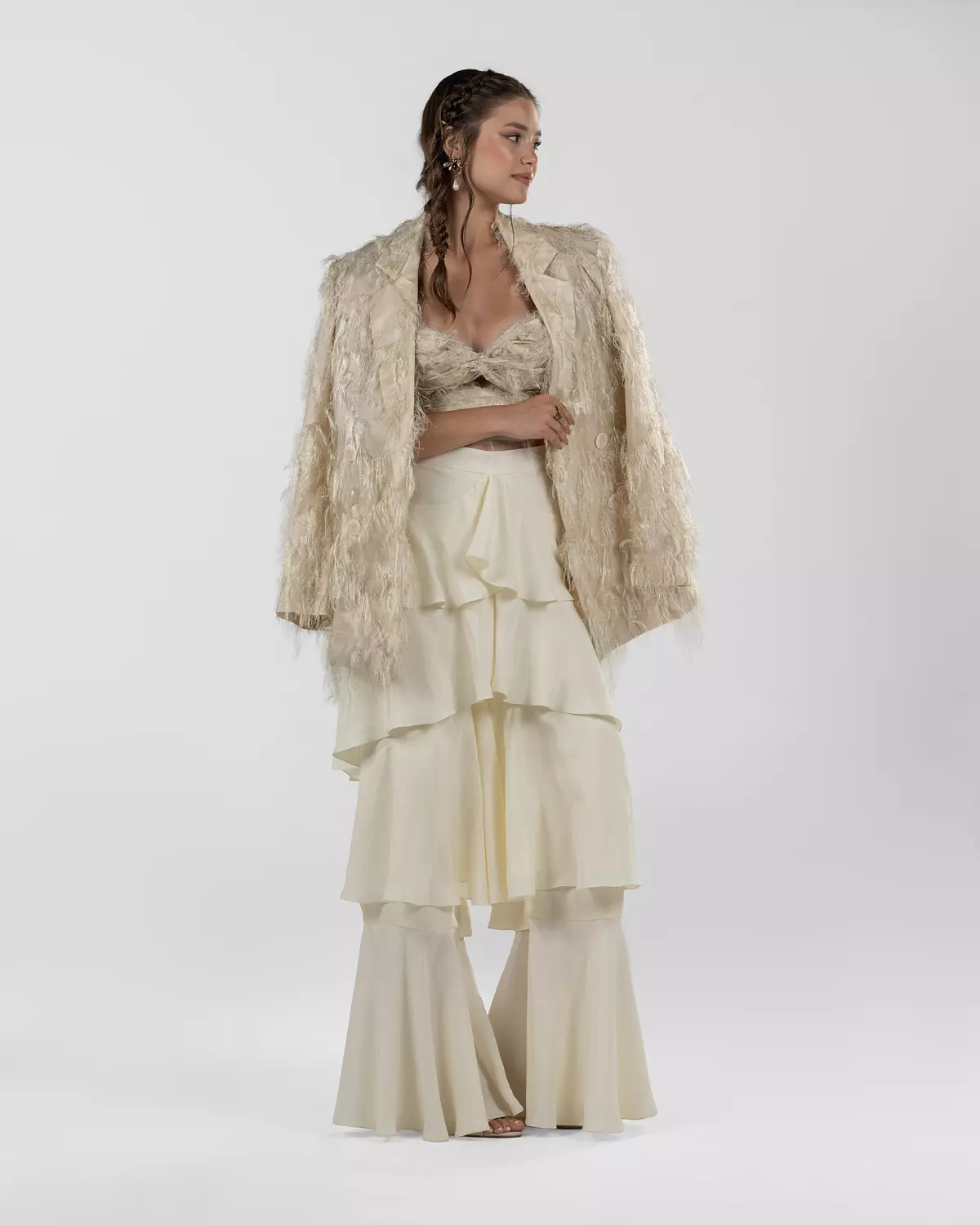 Chic Off-White Silk Ruffled Wide-Leg Pants 5