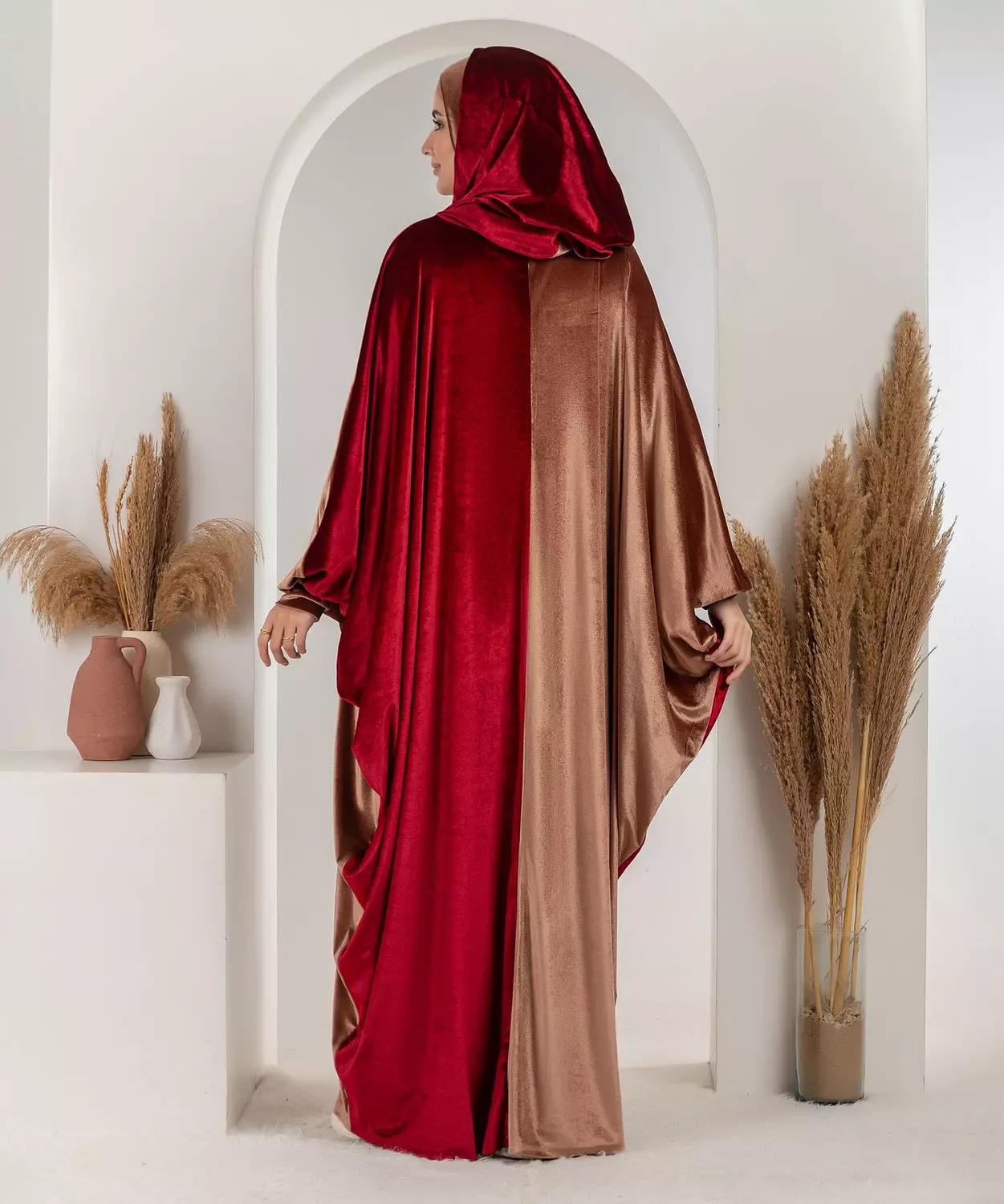 Bicolour Velvet Abaya-Cherry/Beige 2
