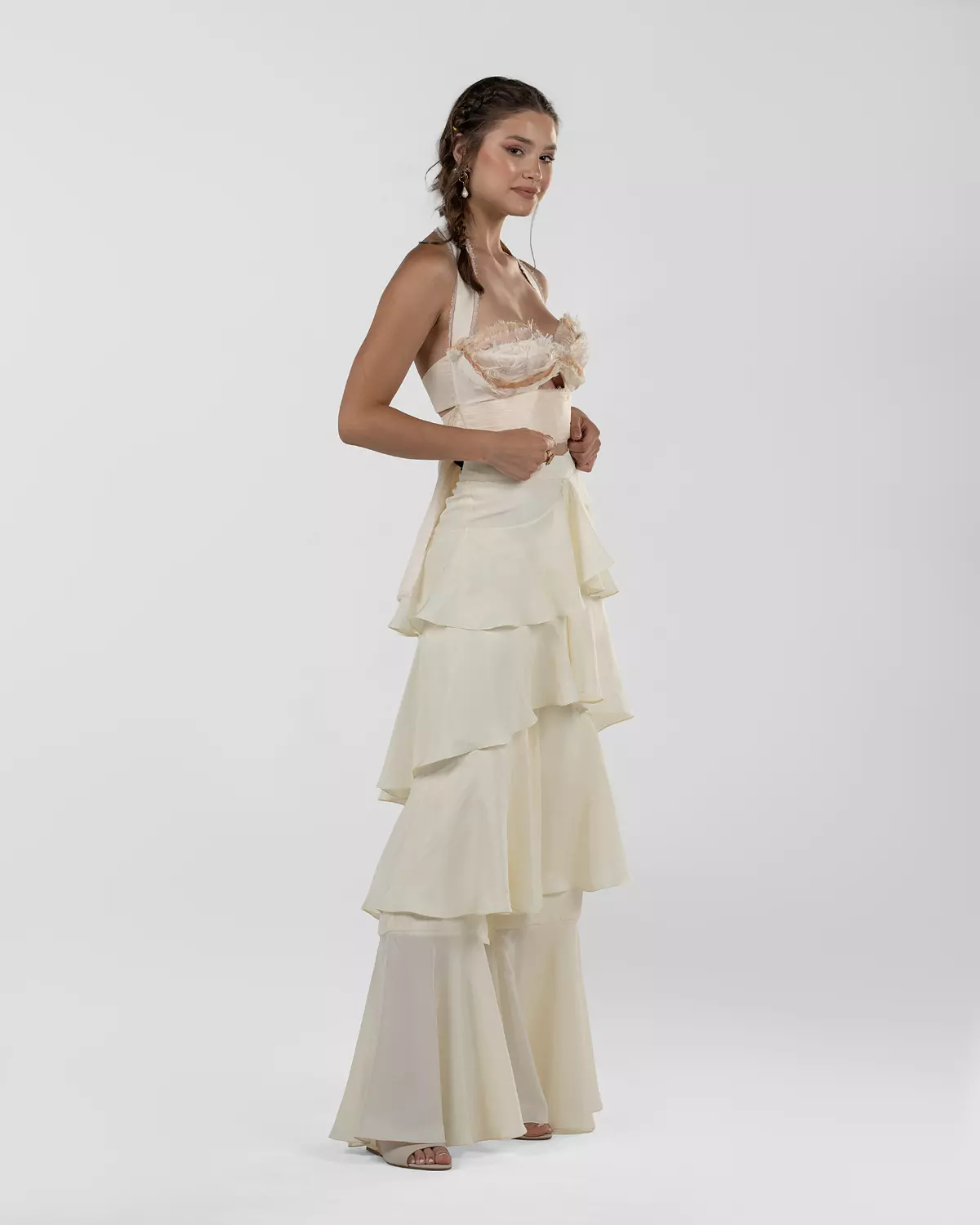 Chic Off-White Silk Ruffled Wide-Leg Pants 15