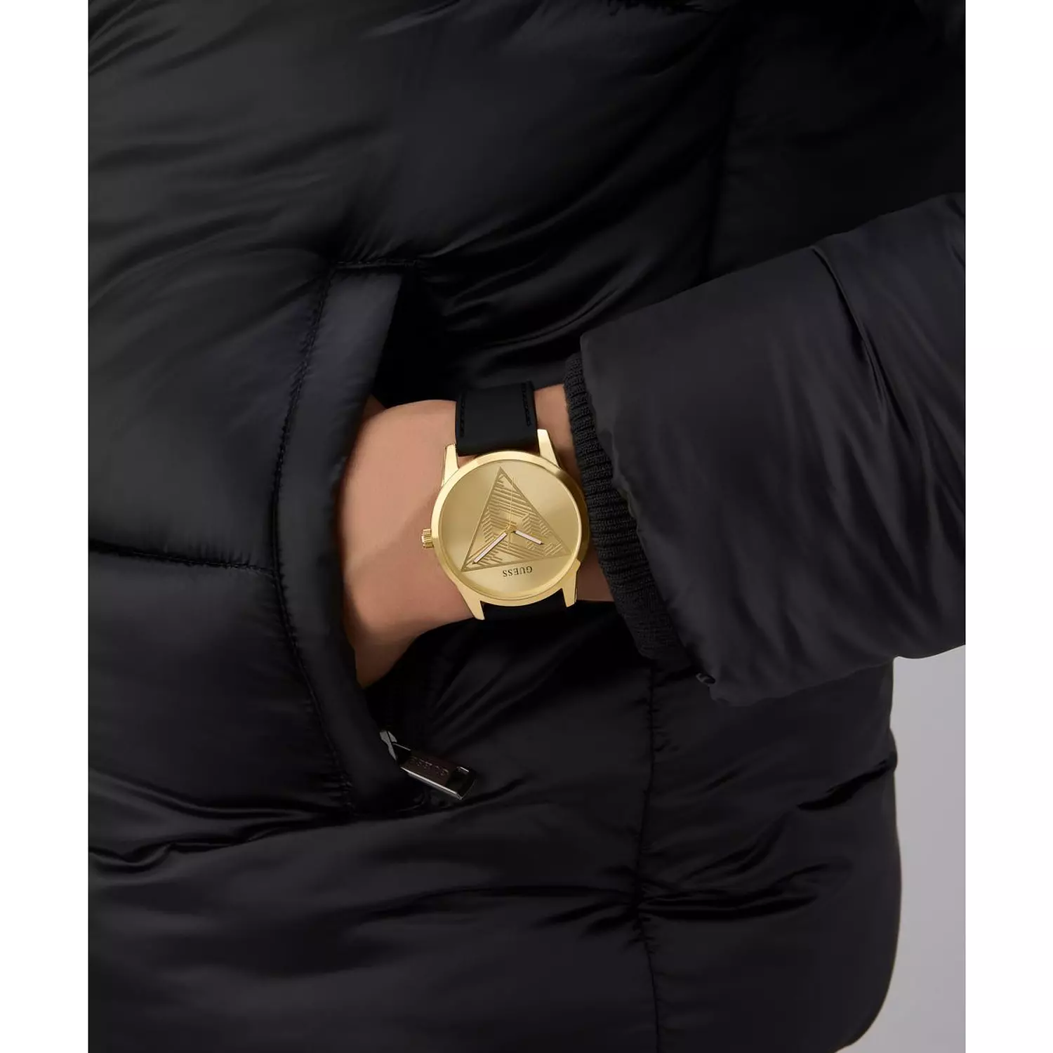 GUESS CLARK Mens Black Gold Tone Multi-function Watch Black Silicone Smooth Strap 6