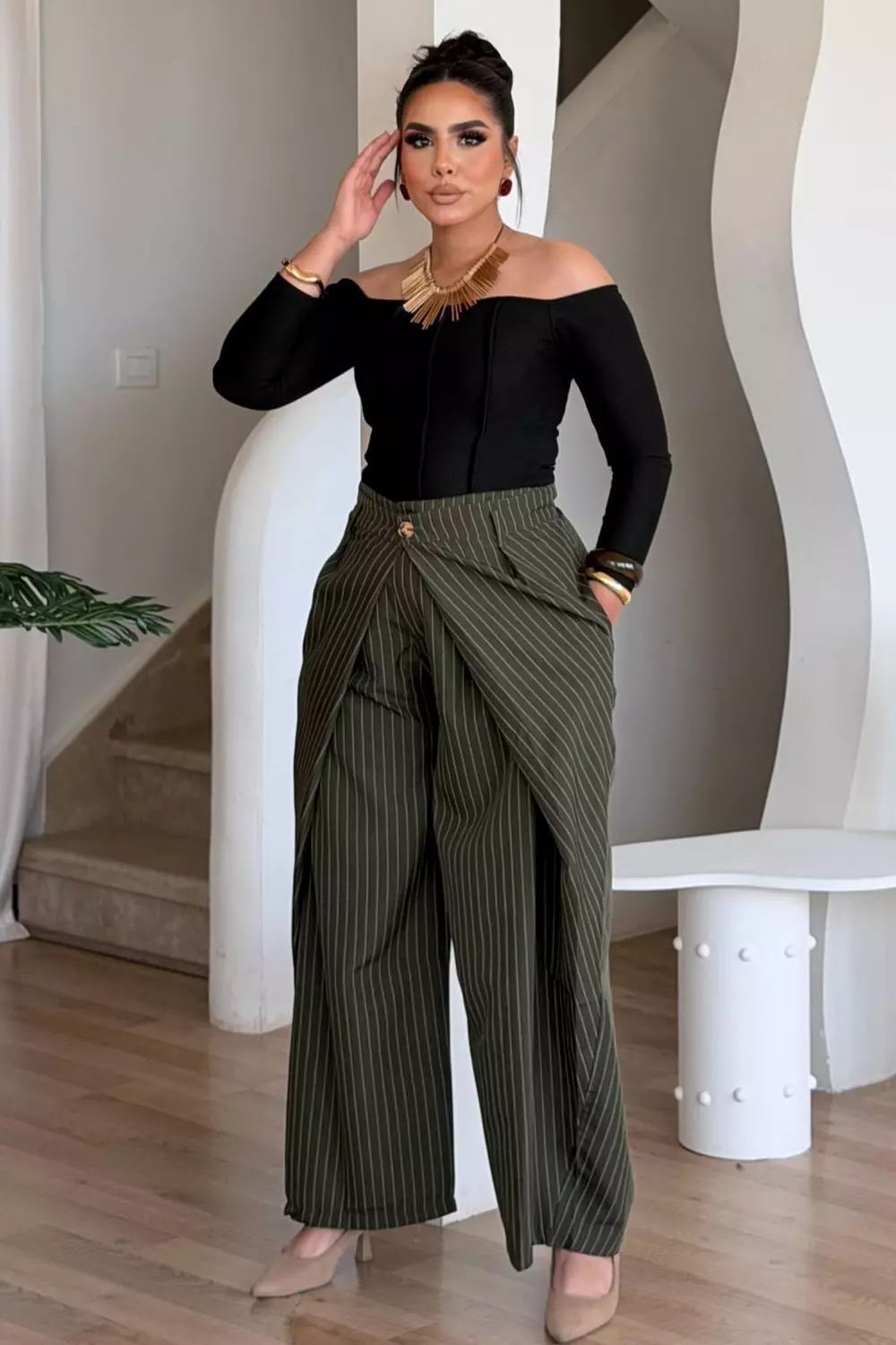 Pinstripe Extra Wide-Leg Trousers with Draped Front 3