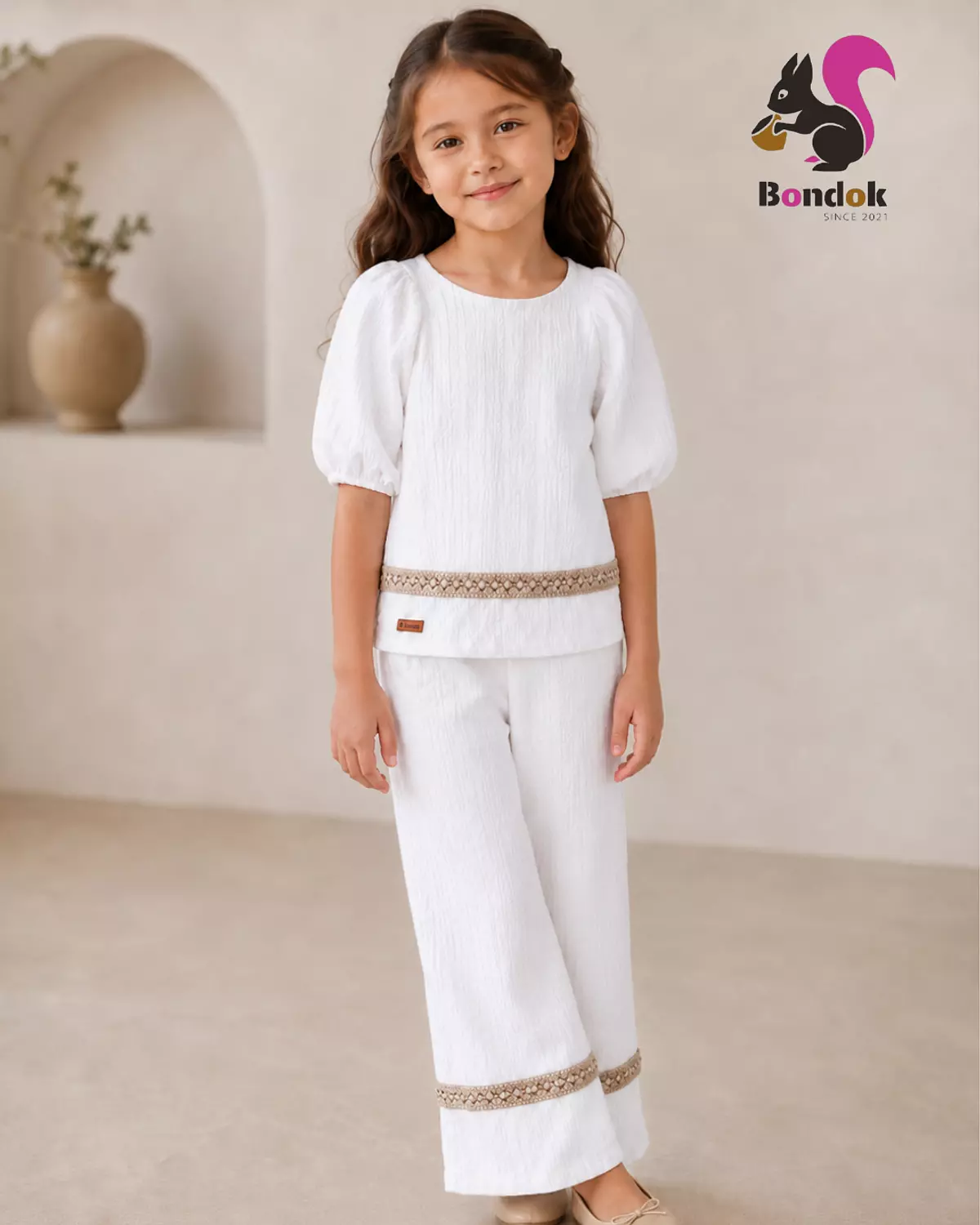 Wonder trim Set Girls' Puff Sleeve Top and Wide-Leg Trouser Set image