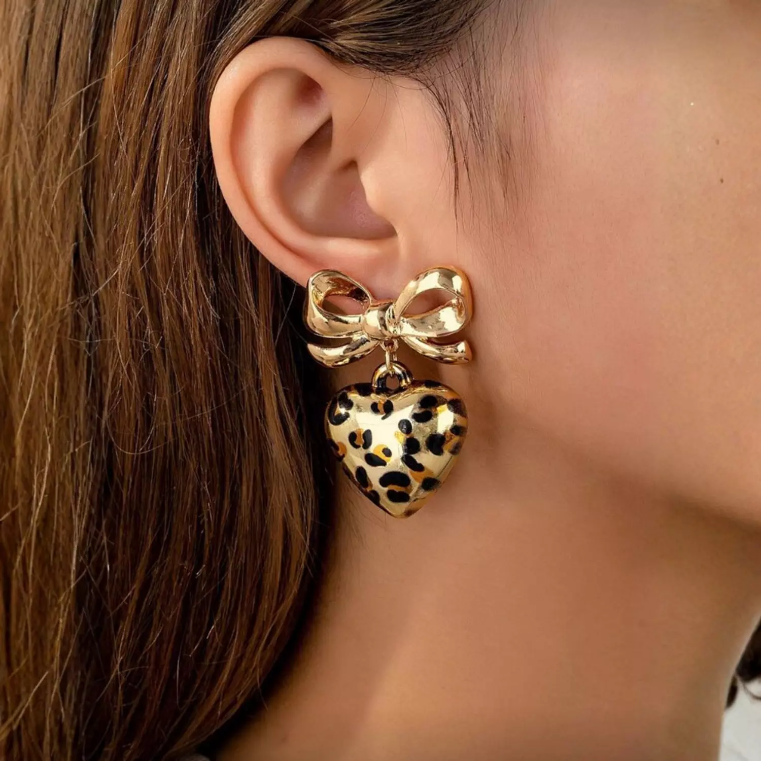 Leopard Bow & Heart Pendant Earrings image