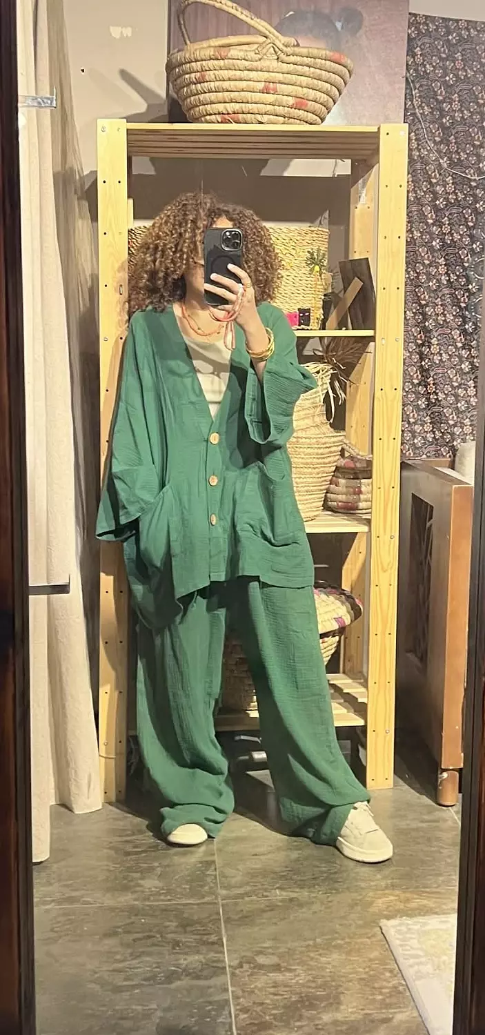 Boho green cotton suit hover image