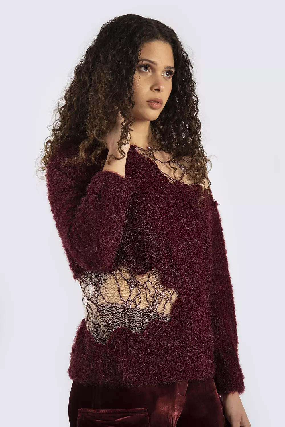 Burgundy Top With Mesh Details image