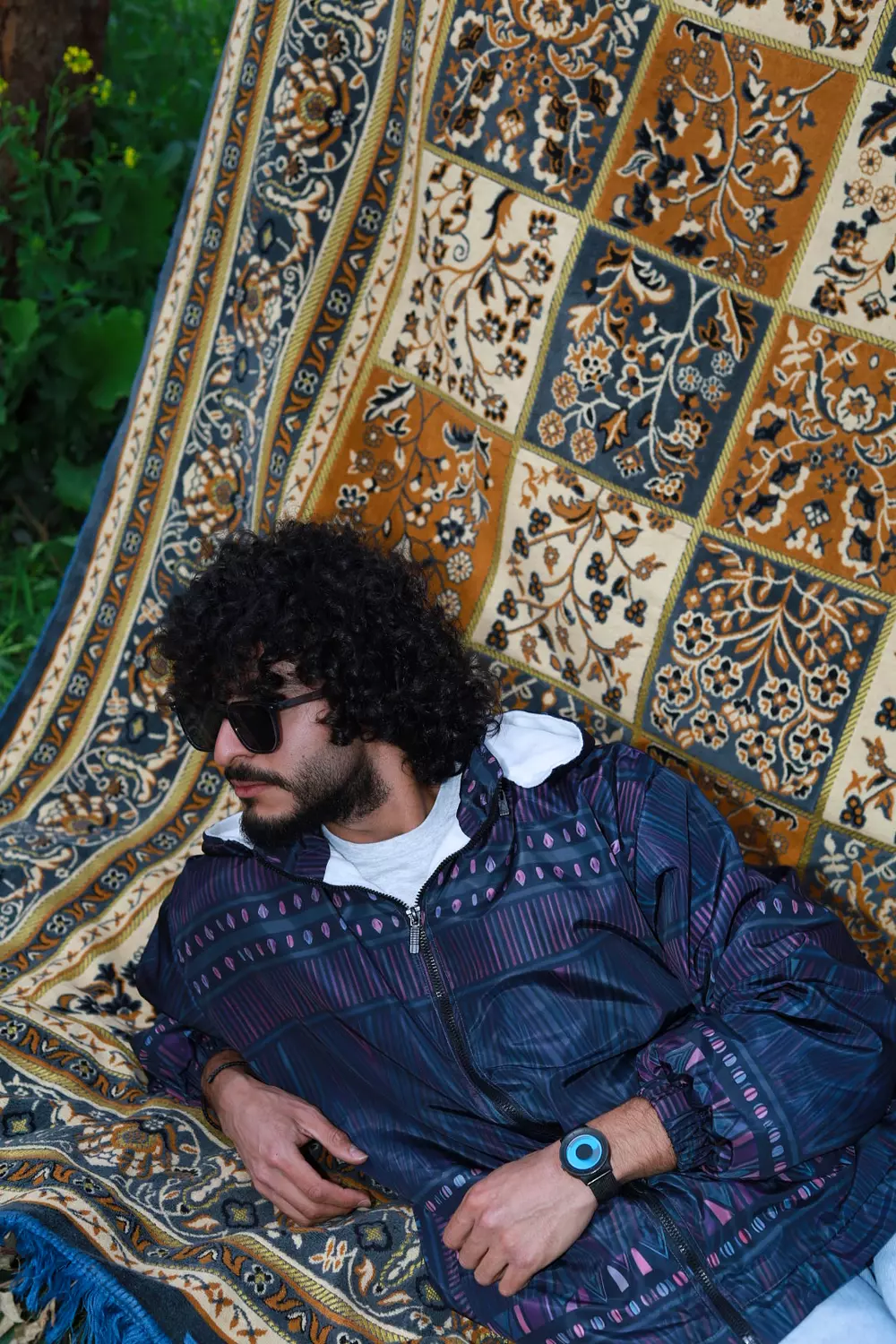 Hooded Black & Purple Ethnic Patterned Bomber Jacket 1