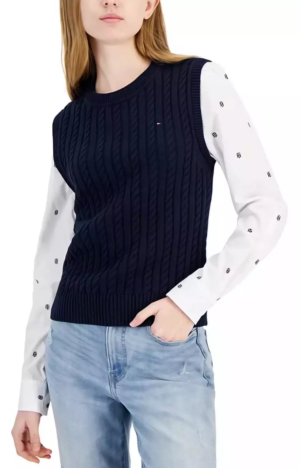  Navy Cable-Knit Vest & Monogram Print Shirt Set. image