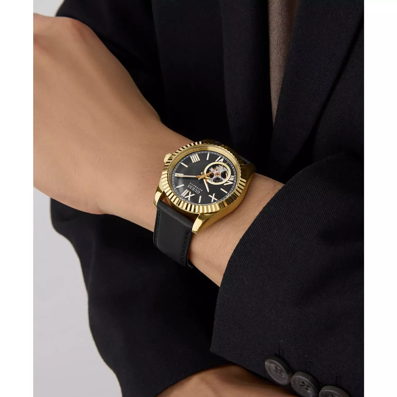 GUESS CONNOISSEUR Mens Black Gold Tone Automatic Watch Black Genuine Leather Brushed/Polished Strap 5